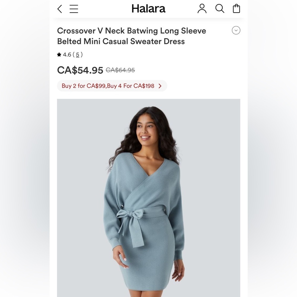 Halara V-Neck Dress Batwing Long Sleeve Belted Mini Sweater Small MSRP $54.95